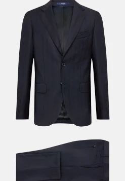 Costume Bleu Marine À Fines Rayures En Pure Laine