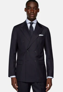 Costume Croisé Bleu Marine À Chevrons En Pure Laine