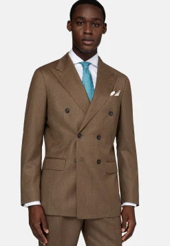Costume Croisé Marron À Chevrons En Pure Laine