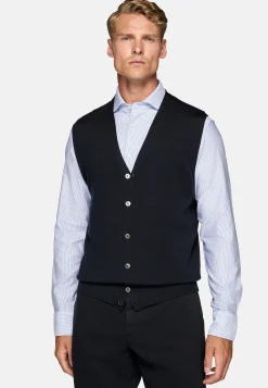 Gilet En Maille Bleu Marine En Laine Mérinos