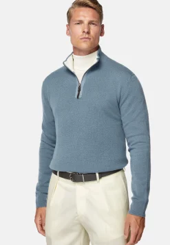 Pull Demi-Zip Indigo En Cachemire