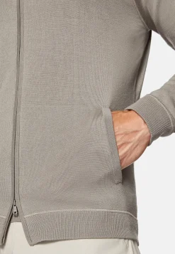 Pull Full Zip Taupe À Capuche En Laine Mérinos