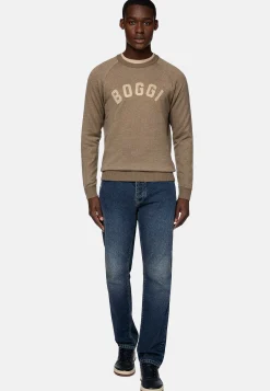 Pull Marron À Col Rond En Coton Laine Cachemire