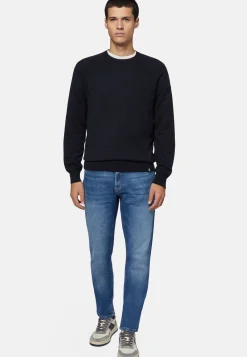 Pull Ras-du-cou Bleu Marine En Coton Soie Cachemire