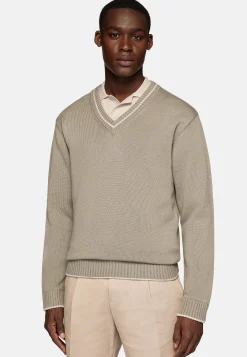 Pull Taupe À Col En V En Laine Et Coton Bio